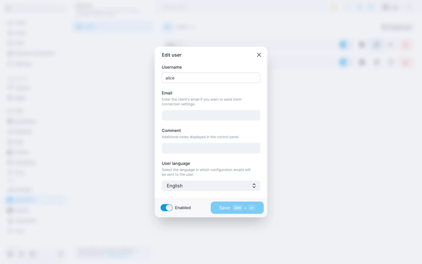 OpenVPN edit-user dialog with the “User language” dropdown set to “English”