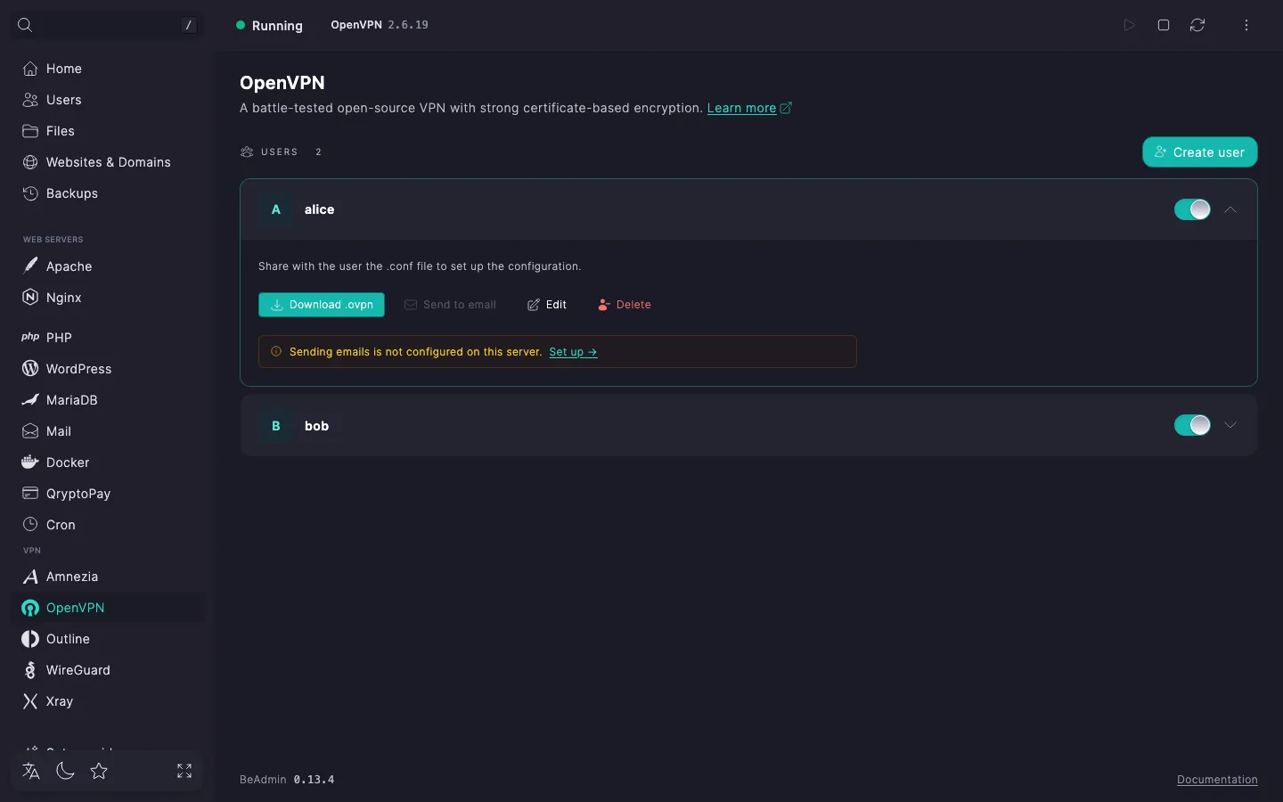 Expanded OpenVPN user row with email and comment tiles and Download .ovpn, Email, Edit, Delete buttons