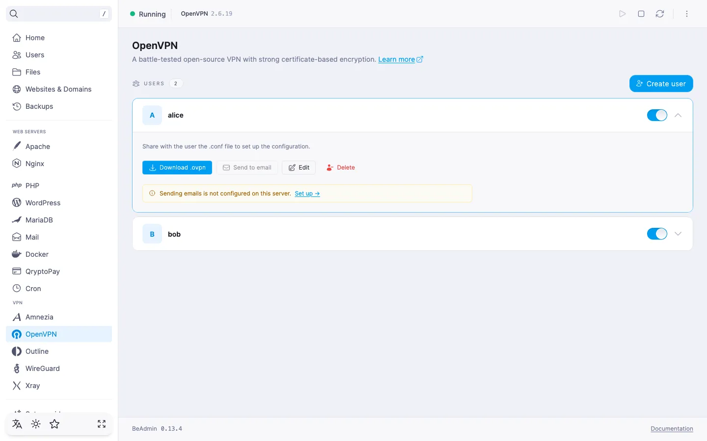 Expanded OpenVPN user row with email and comment tiles and Download .ovpn, Email, Edit, Delete buttons