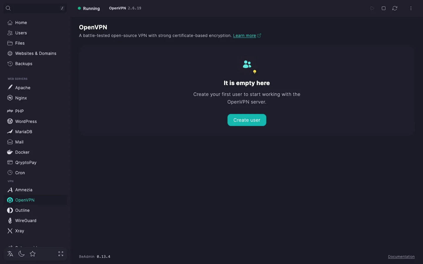 OpenVPN module page right after install: service status and an empty card with the Create user button