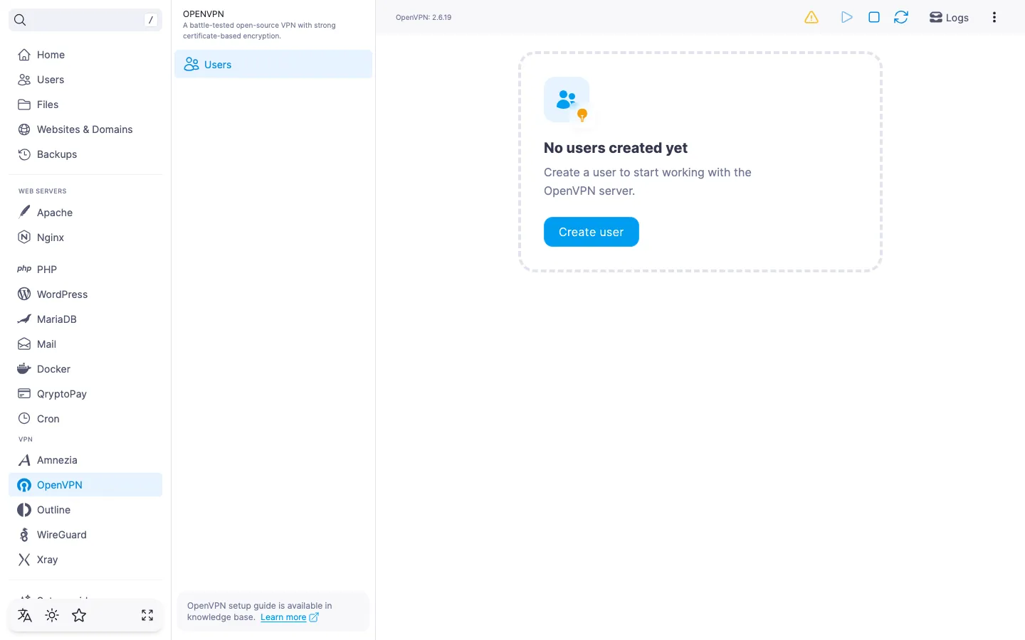 OpenVPN module page right after installation: an empty user list and the “Create user” button