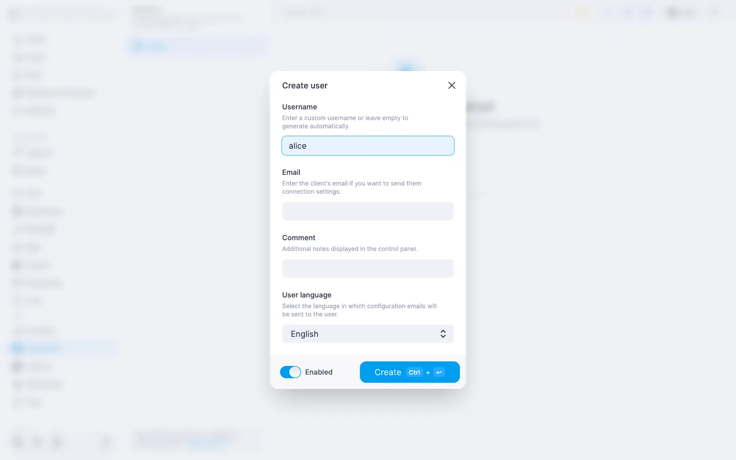 OpenVPN create-user dialog with username `alice` filled in and the “User language” field set to English