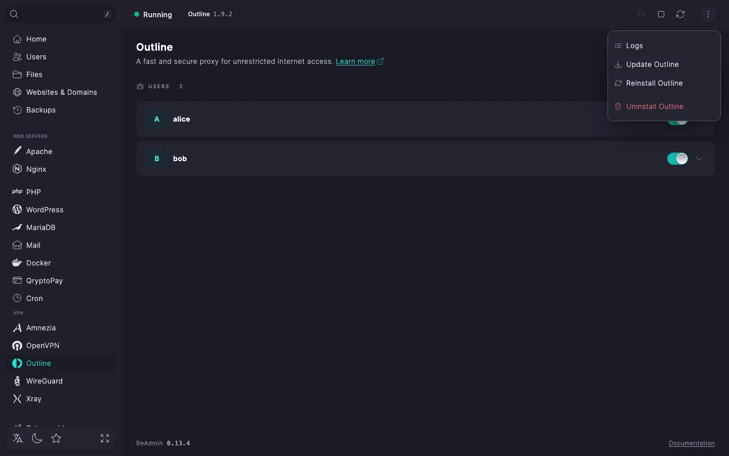 Expanded Outline actions menu with Logs, Update Outline, Reinstall Outline, and Uninstall Outline items