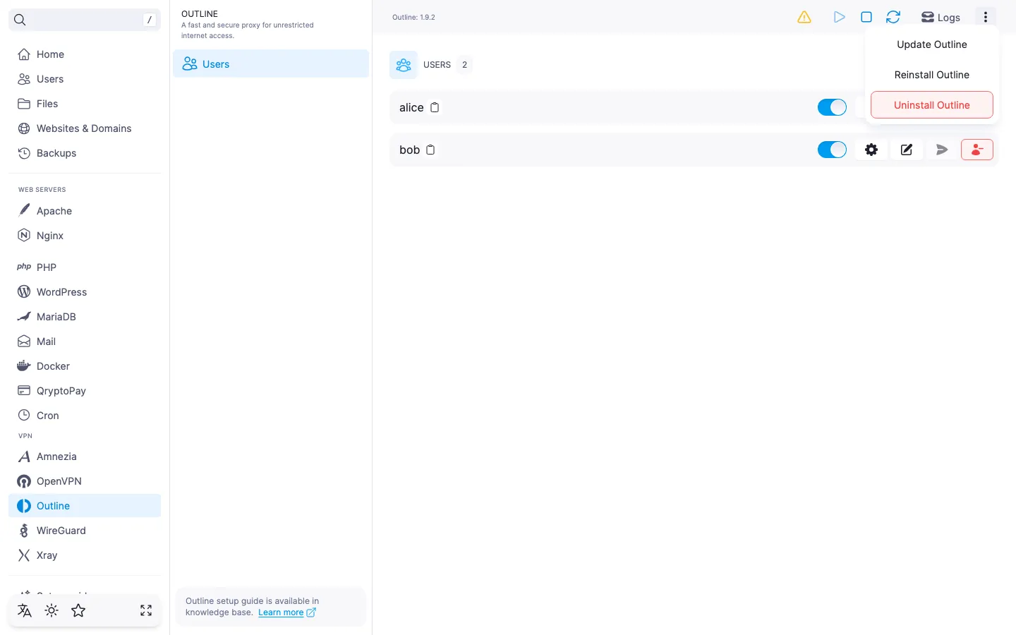 Open module action menu with “Update Outline”, “Reinstall Outline” and “Uninstall Outline” items