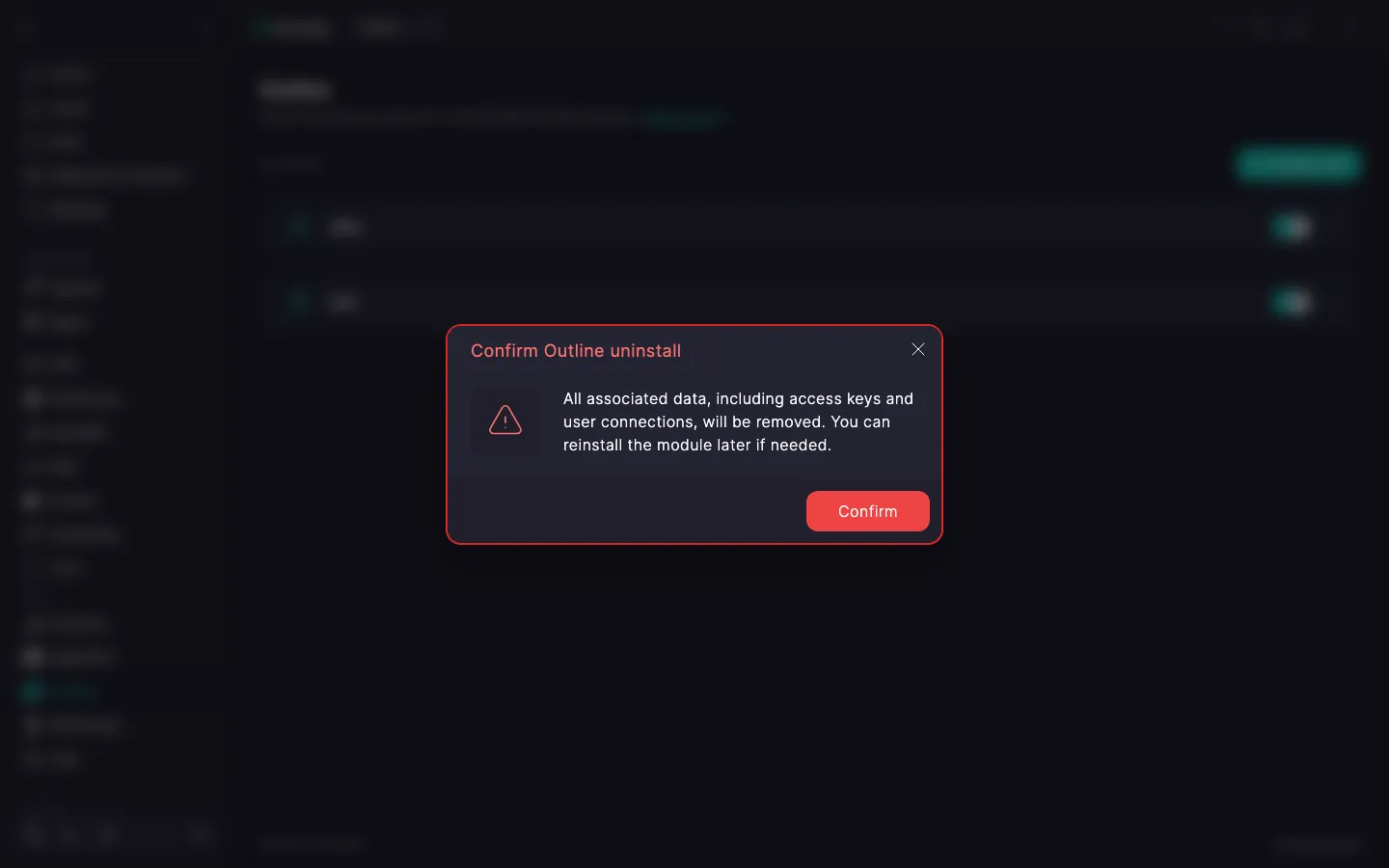 Outline uninstall confirmation dialog with a warning and the Confirm button