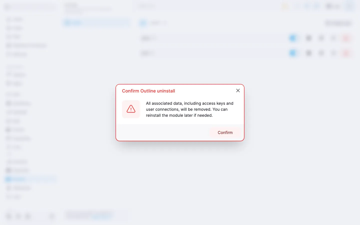 Module uninstall confirmation dialog with a warning and the “Confirm” button