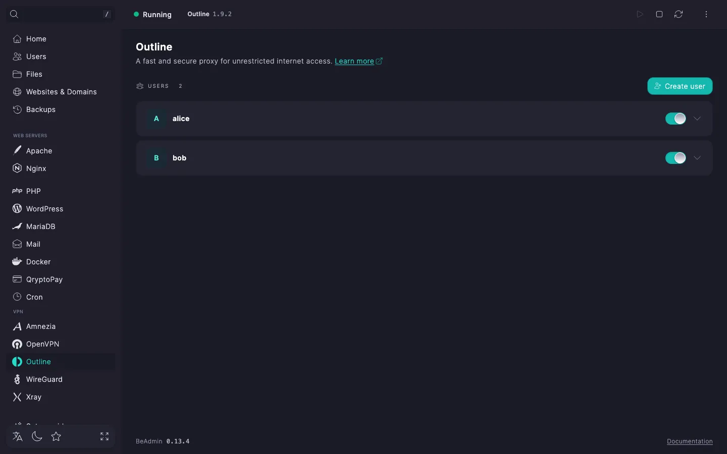 Outline module page header: state indicator, Outline chip, start, stop, and restart buttons, and the actions menu