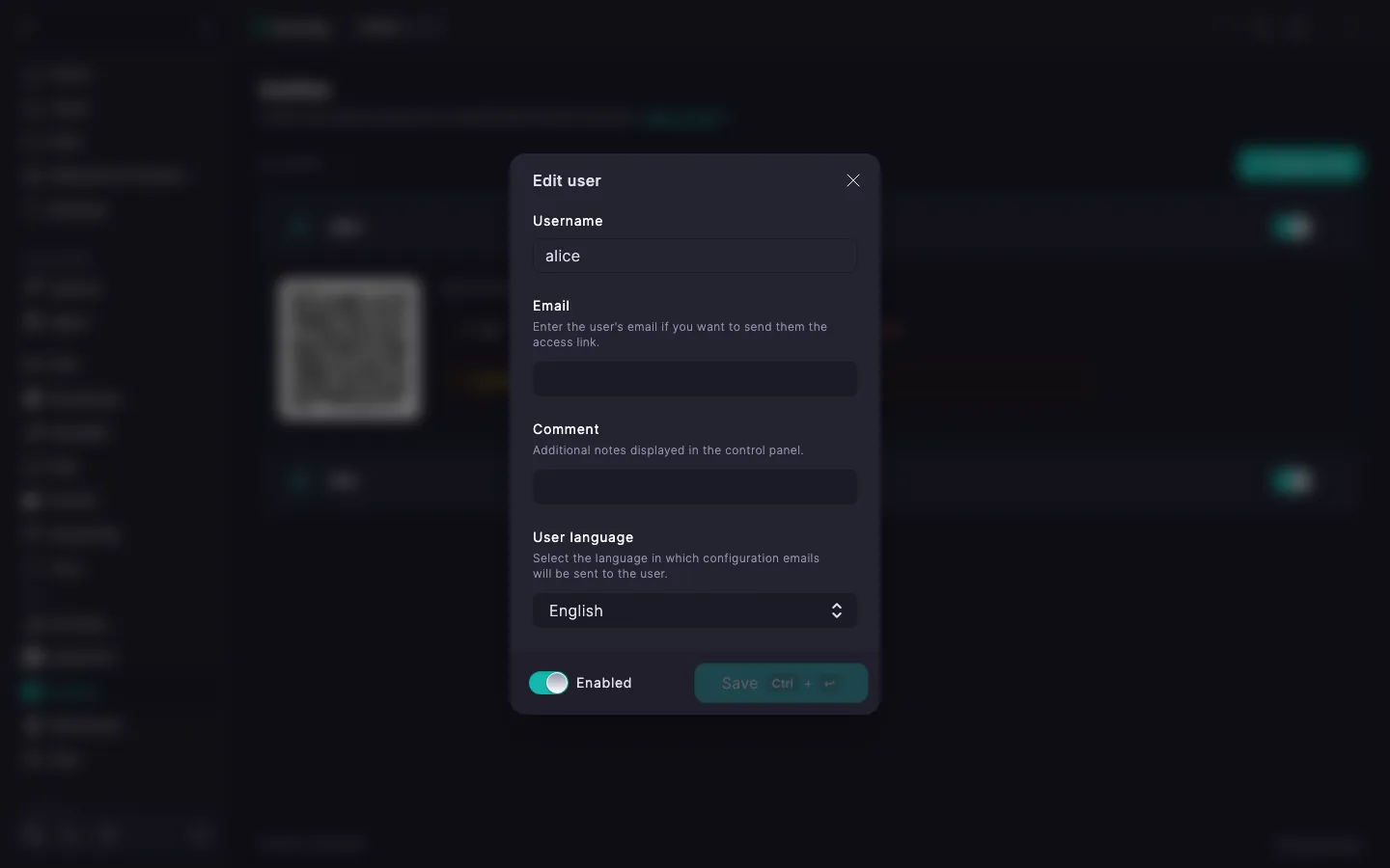 Outline edit user dialog with the User language dropdown set to English