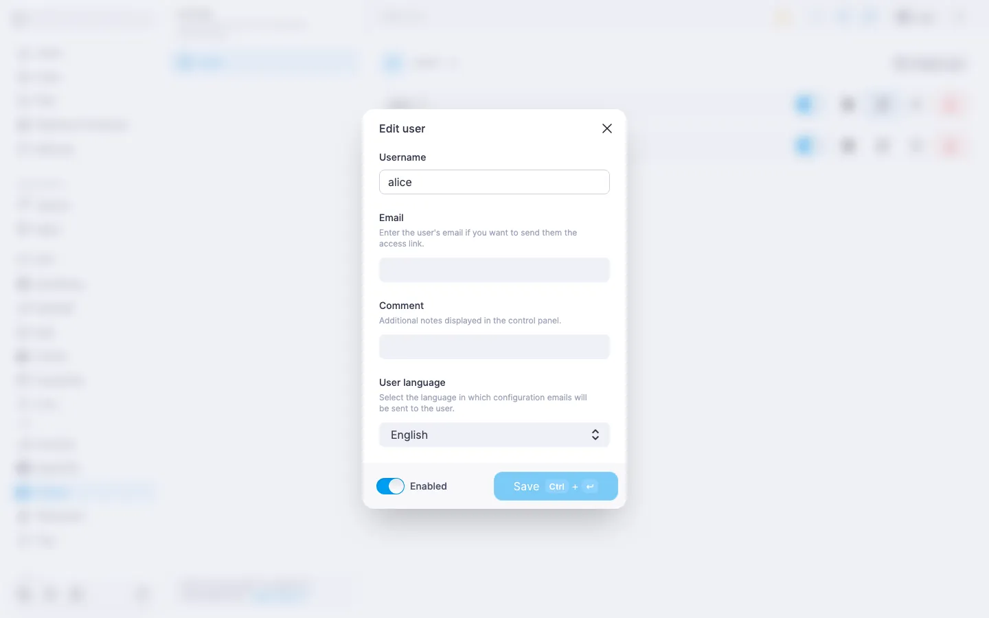 Outline edit-user dialog with the “User language” dropdown set to “English”