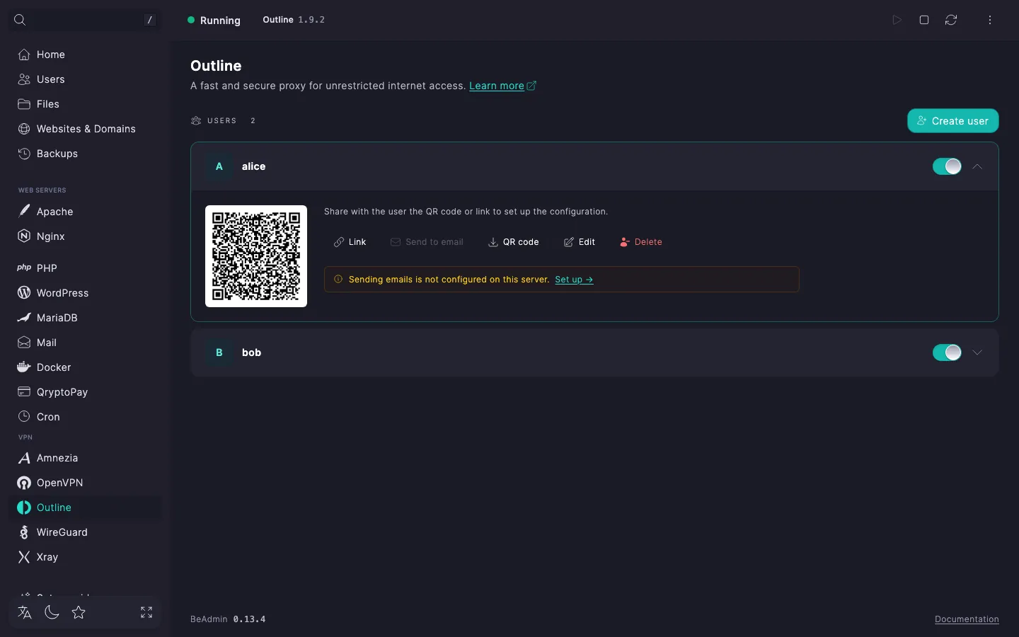 Expanded Outline user row with a QR code, email and comment tiles, and Link, Email, QR code, Edit, Delete buttons