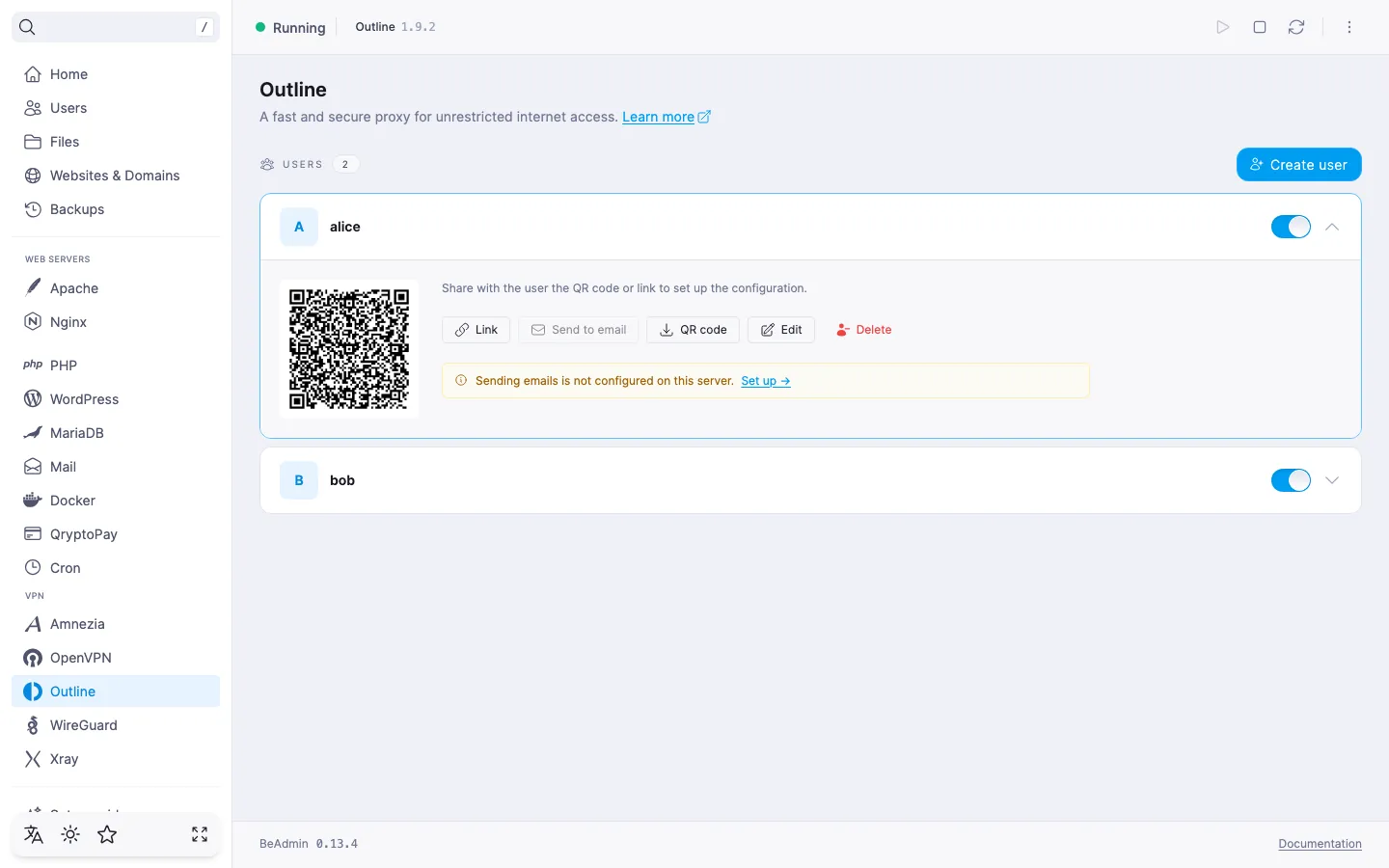 Expanded Outline user row with a QR code, email and comment tiles, and Link, Email, QR code, Edit, Delete buttons