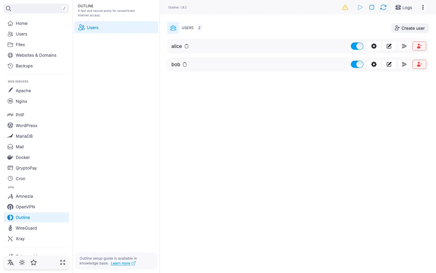 Outline module user list with two entries (alice and bob) and the “Create user” button