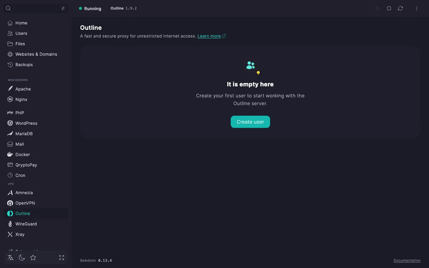Outline module page right after install: service status and an empty card with the Create user button