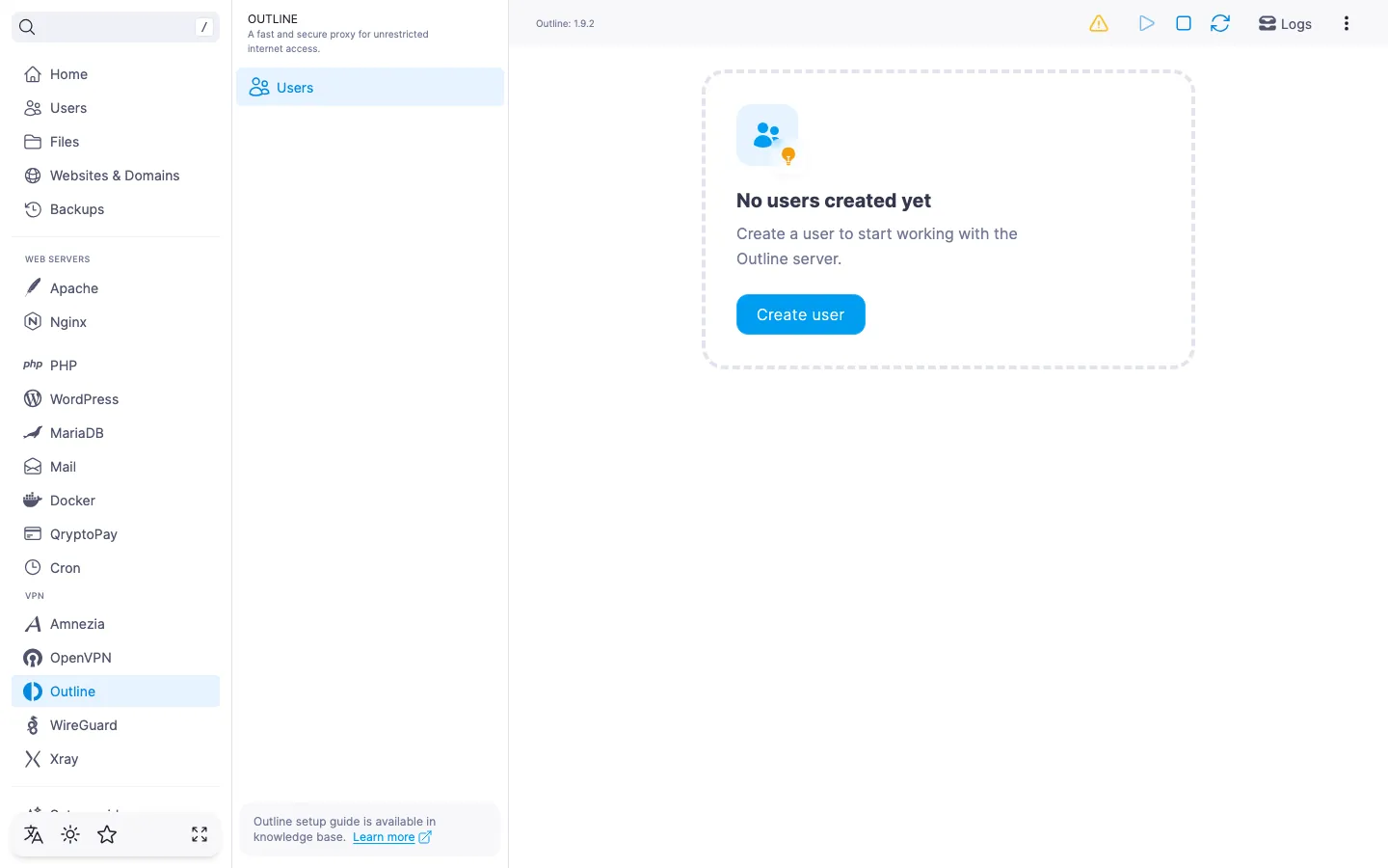 Outline module page right after installation: an empty access-key list and the “Create user” button