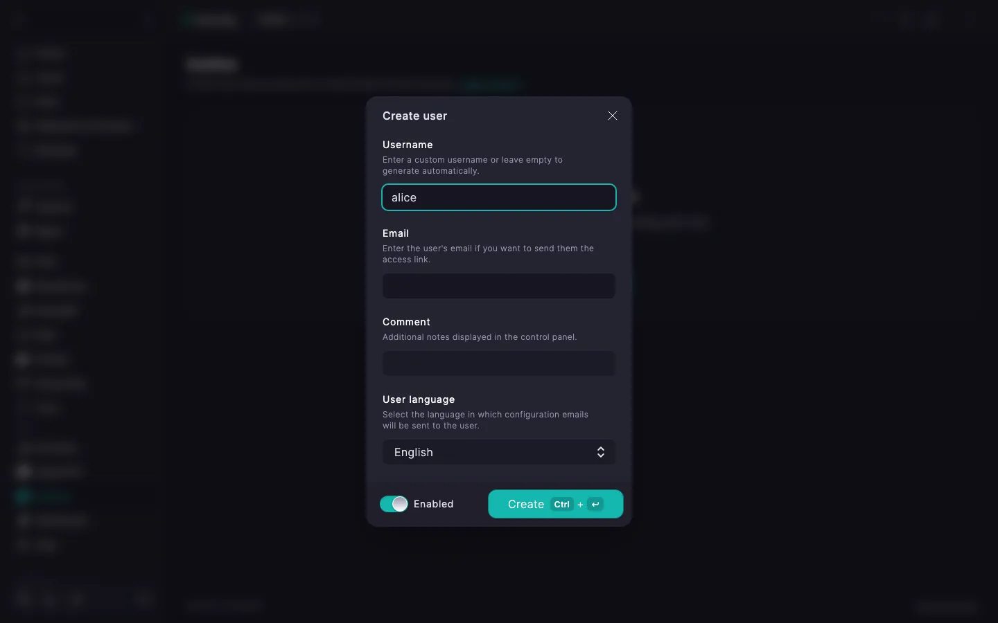 Outline create user dialog with Username, Email, Comment, User language fields and the Enabled toggle