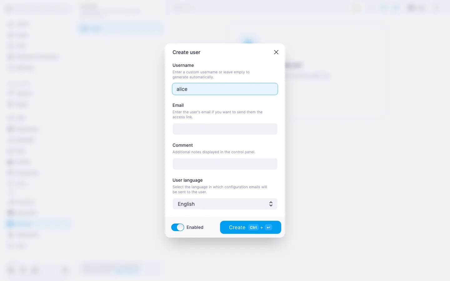 Outline create-user dialog with username `alice` filled in and the “User language” field set to English