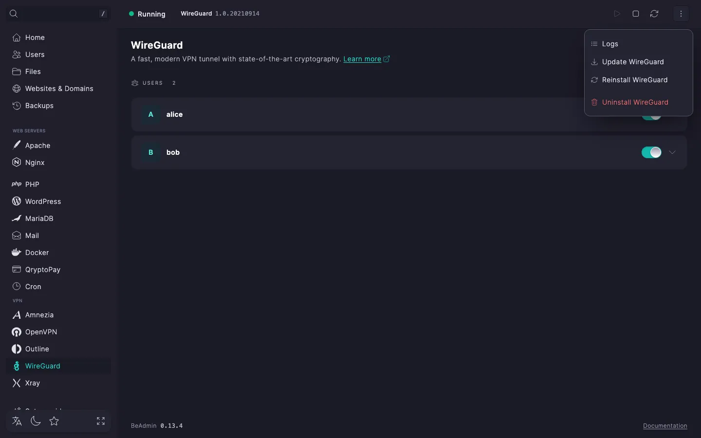 Expanded WireGuard actions menu with Logs, Module settings, Update WireGuard, Reinstall WireGuard, and Uninstall WireGuard items