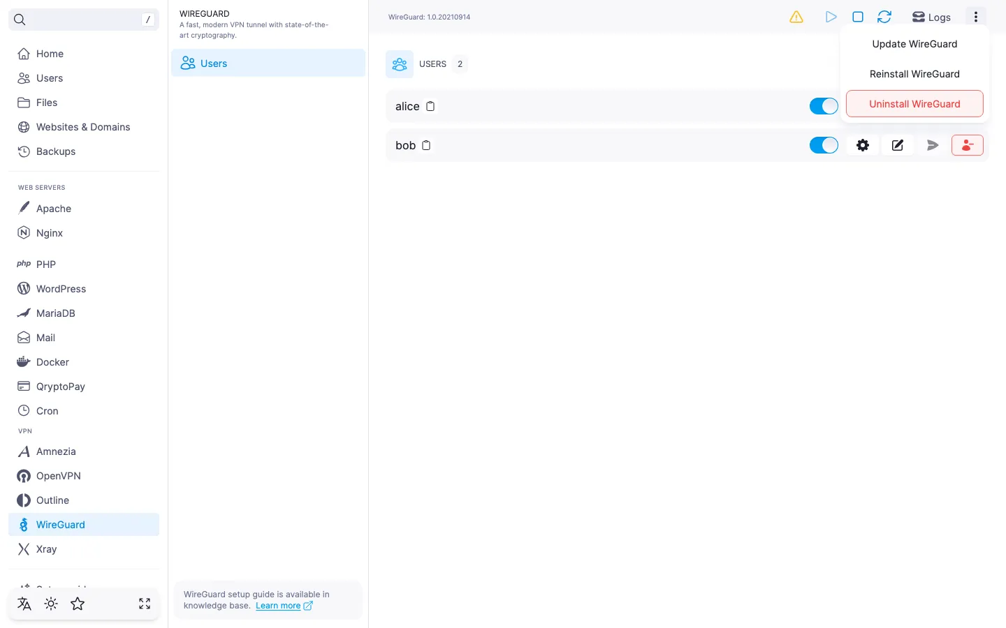 Open module action menu with “Update WireGuard”, “Reinstall WireGuard” and “Uninstall WireGuard” items