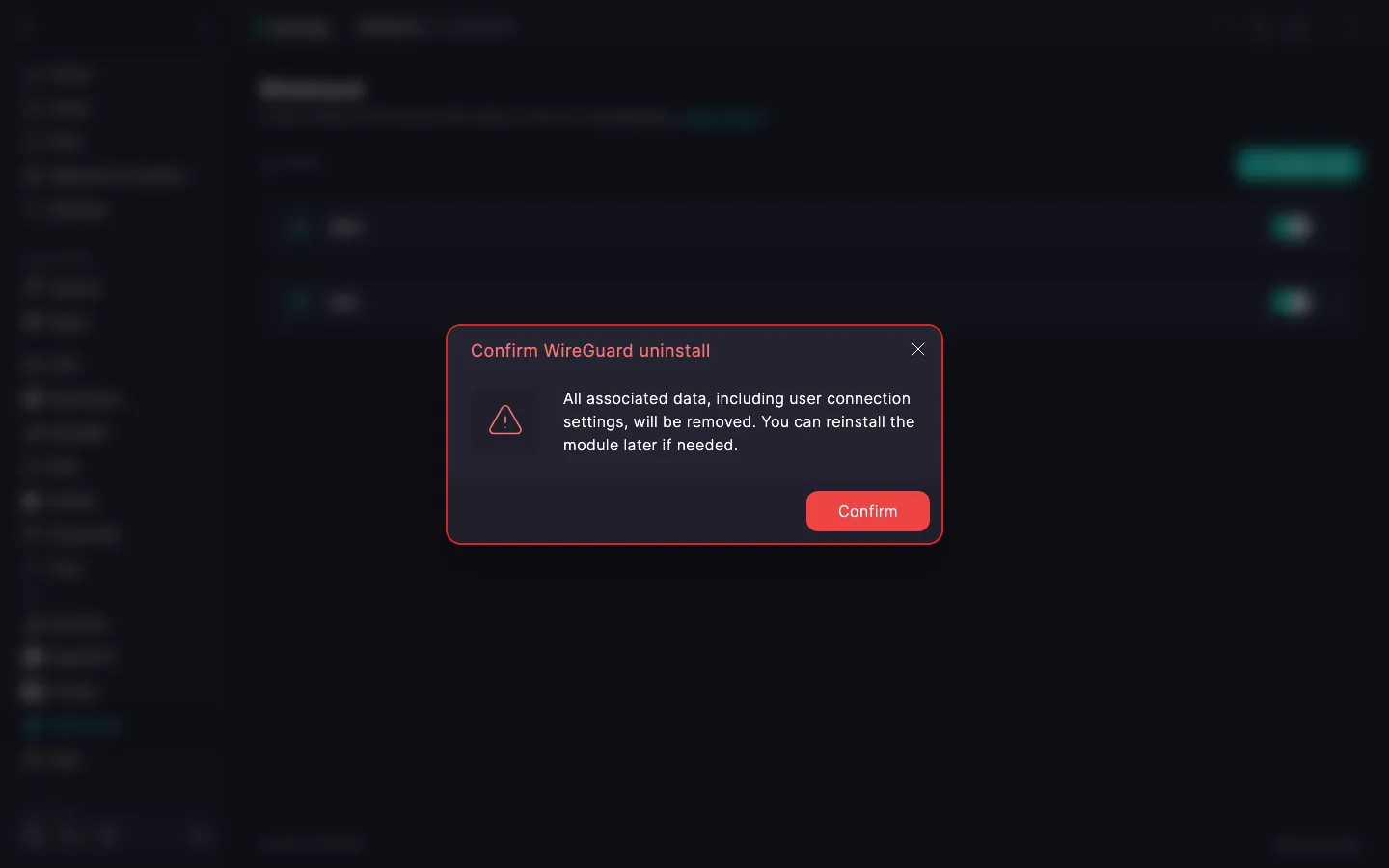 WireGuard module uninstall confirmation dialog with a warning and the Confirm button