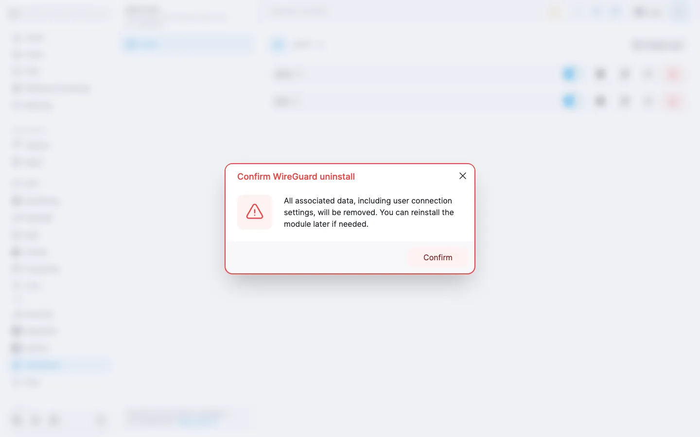 Module uninstall confirmation dialog with a warning and the “Confirm” button
