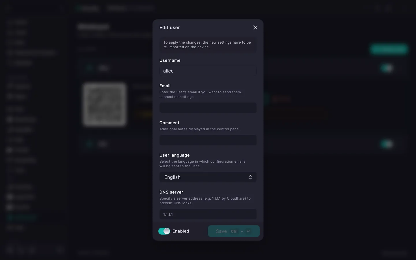 WireGuard edit user dialog with the User language dropdown set to English