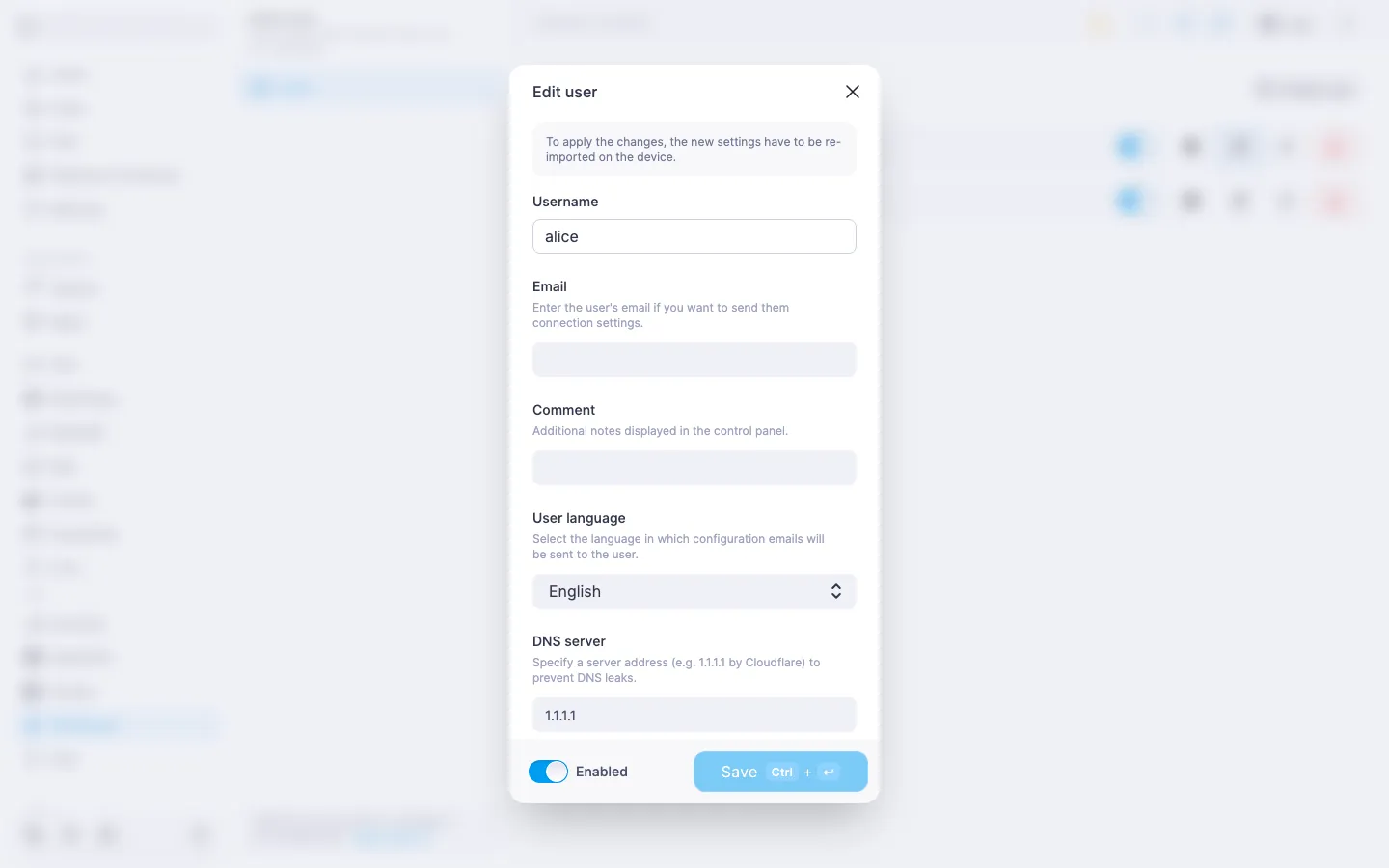 WireGuard edit-user dialog with the “User language” dropdown set to “English”