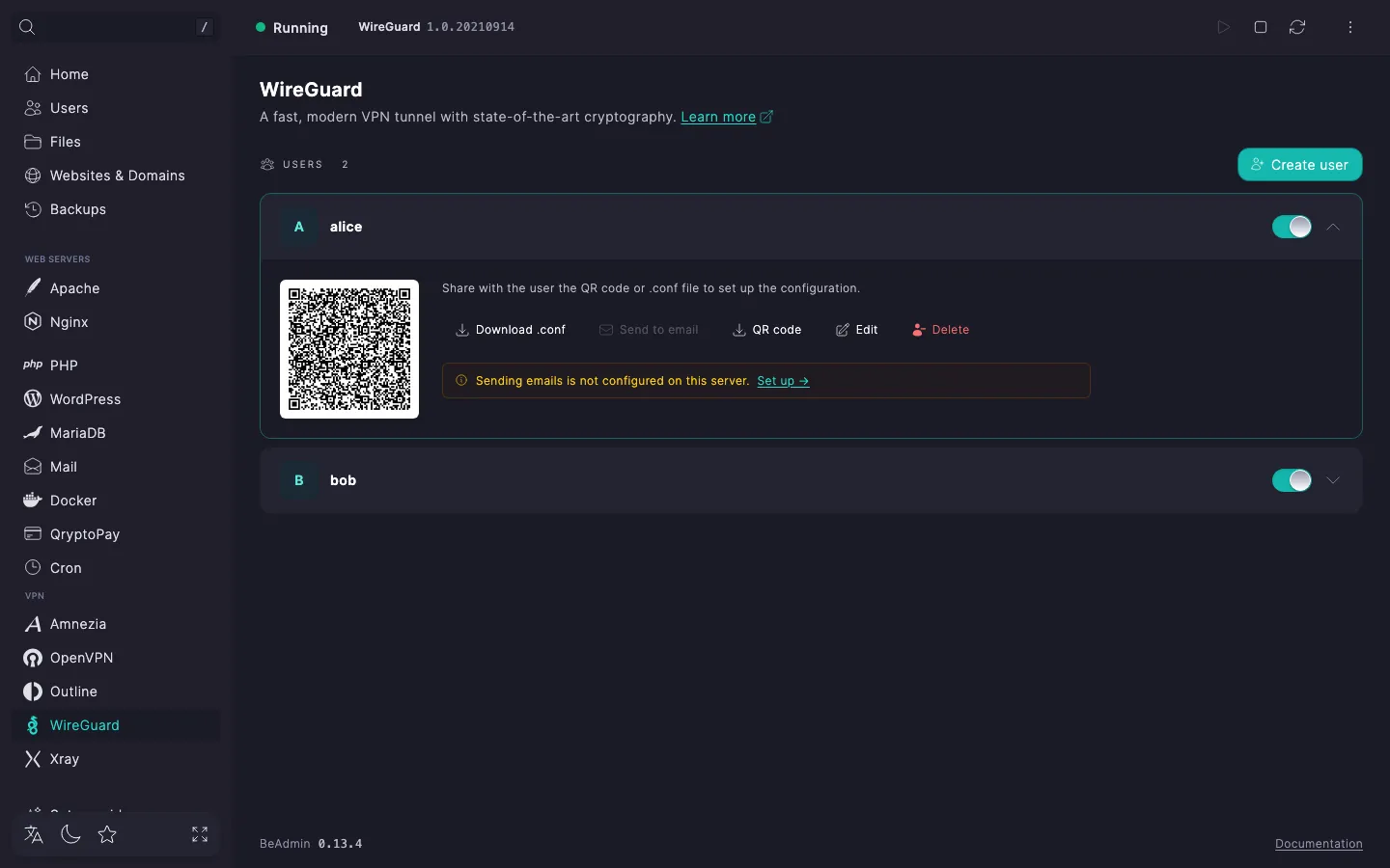 Expanded WireGuard user row with a QR code, email and comment tiles, and the Download .conf, Email, QR code, Edit, Delete buttons