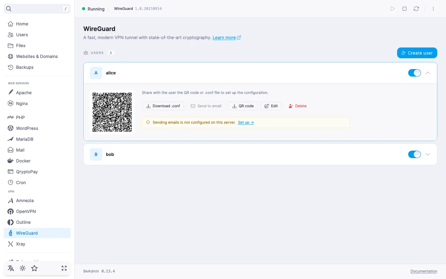 Expanded WireGuard user row with a QR code, email and comment tiles, and the Download .conf, Email, QR code, Edit, Delete buttons