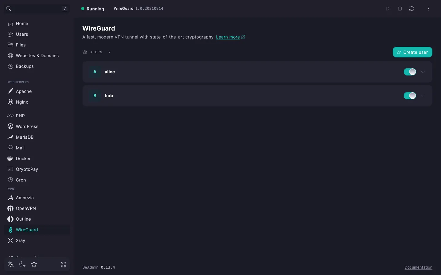 WireGuard user list: USERS section heading with the Create user button and collapsed user rows