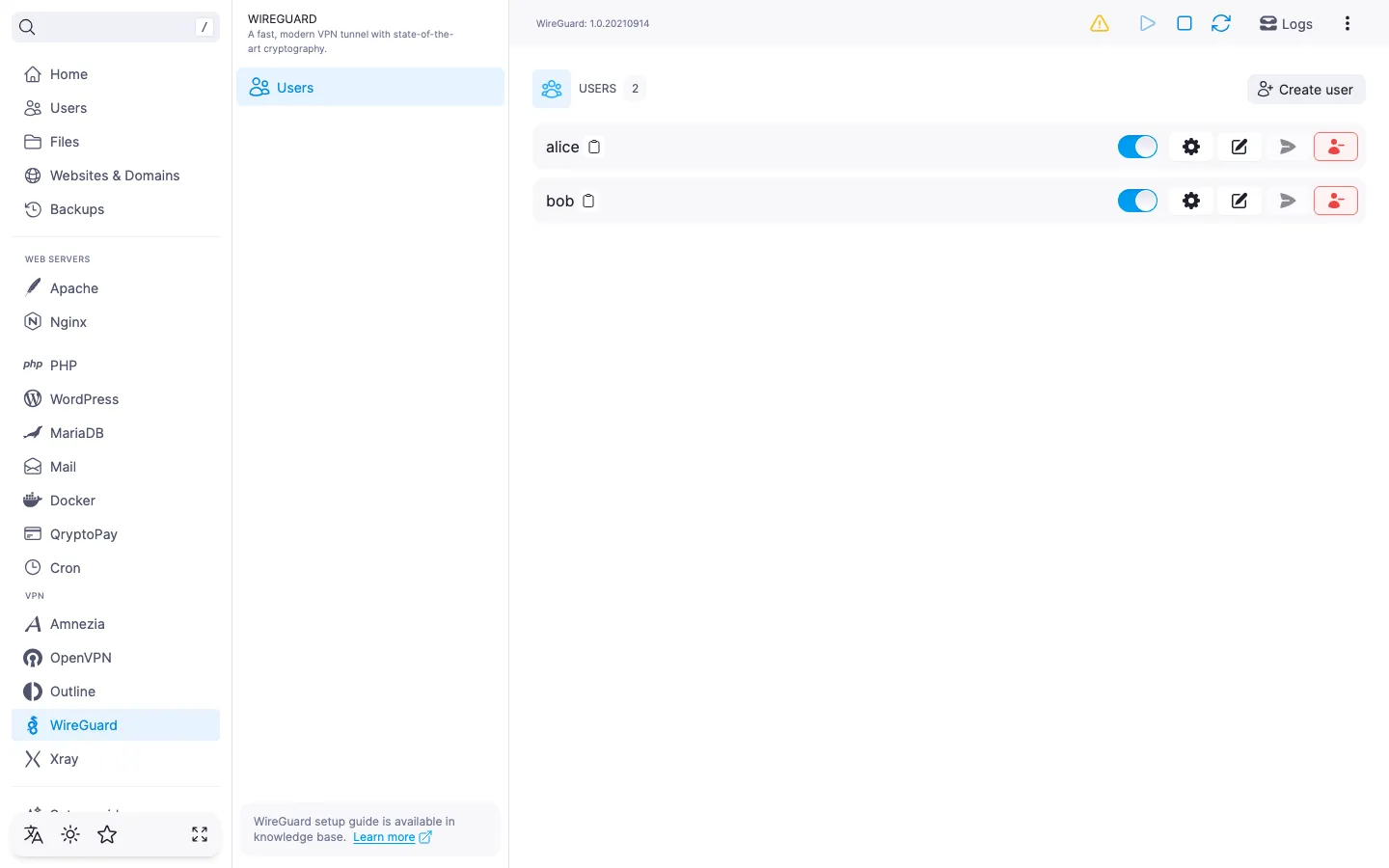 WireGuard module user list with two entries (alice and bob) and the “Create user” button