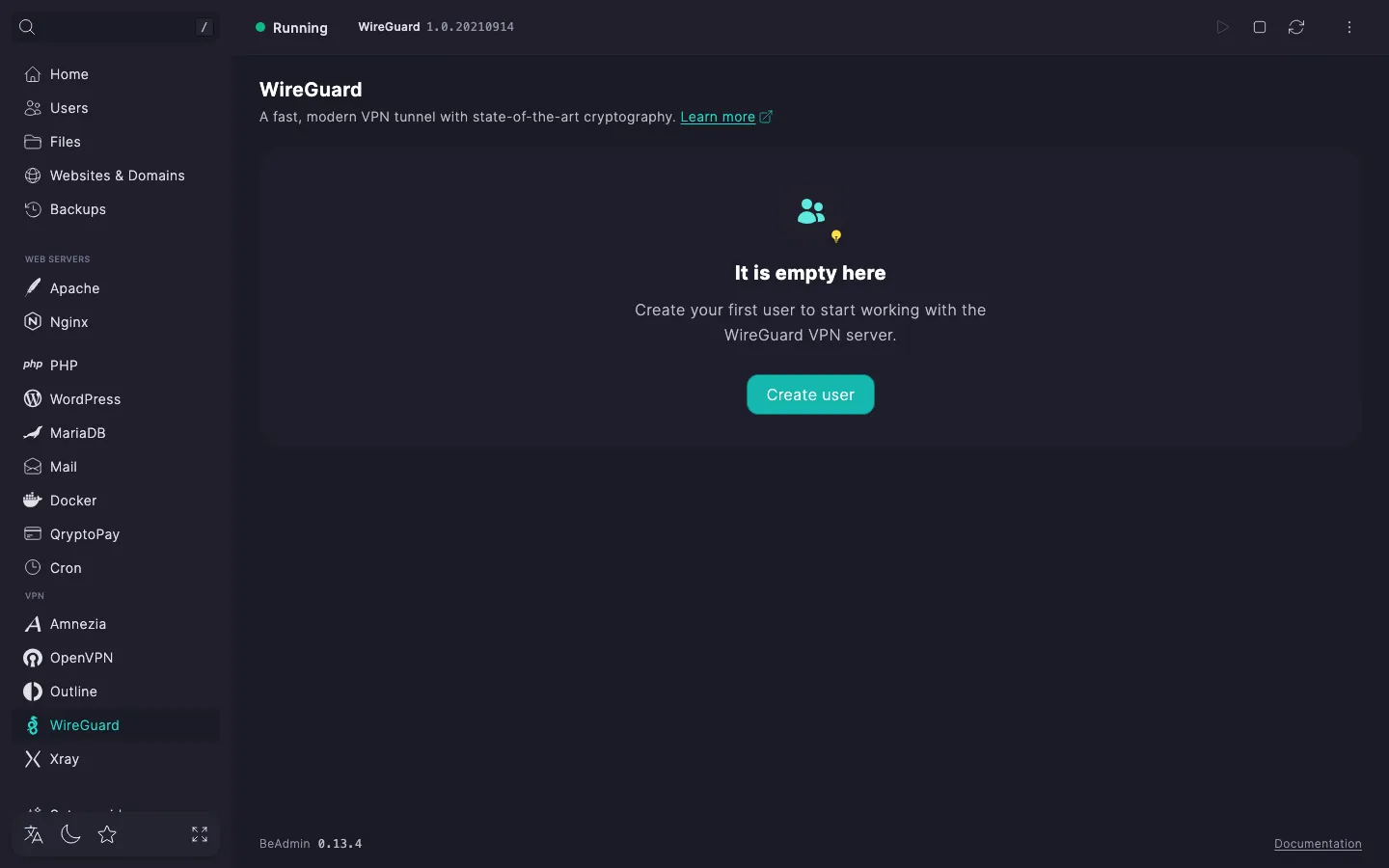 WireGuard module page right after install: service status and an empty card with the Create user button