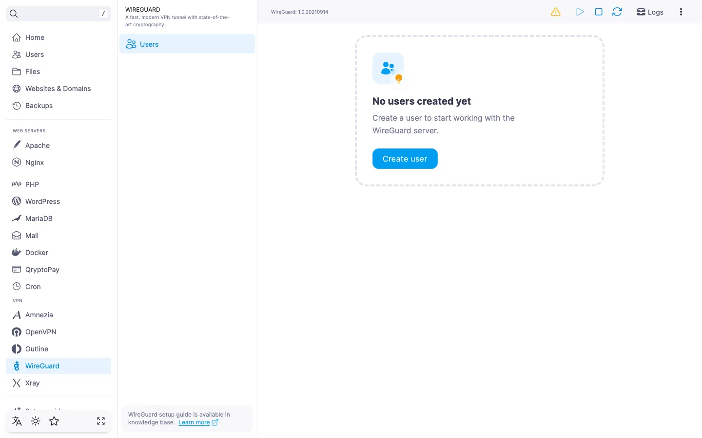 WireGuard module page right after installation: an empty user list and the “Create user” button