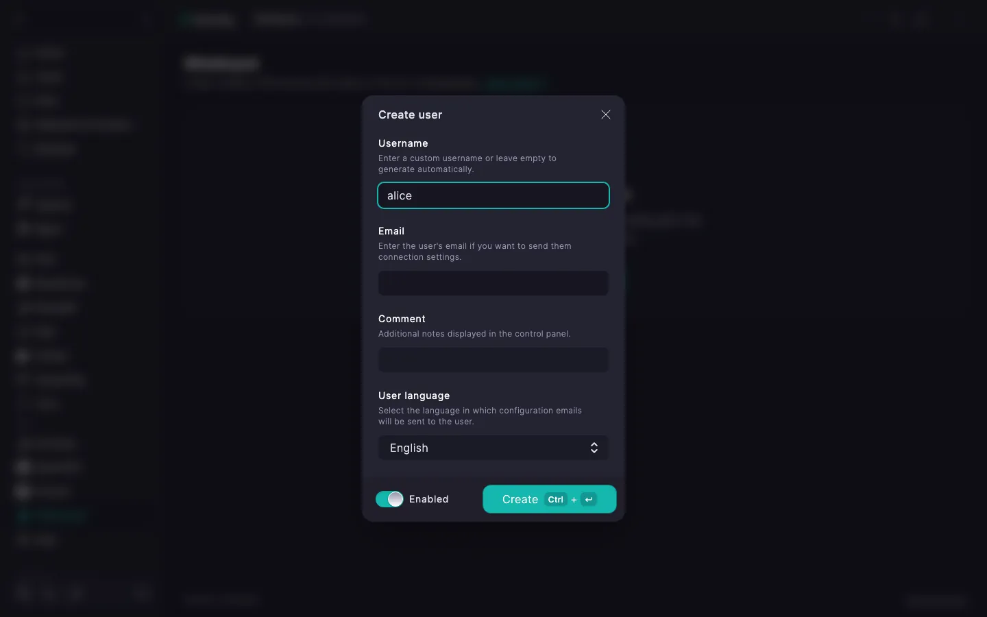 WireGuard create user dialog with Username, Email, Comment, User language fields and the Enabled toggle