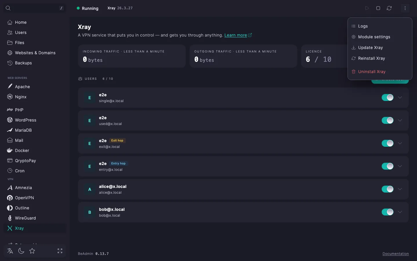 Expanded Xray action menu with Logs, Module settings, Update Xray, Reinstall Xray, and Uninstall Xray items