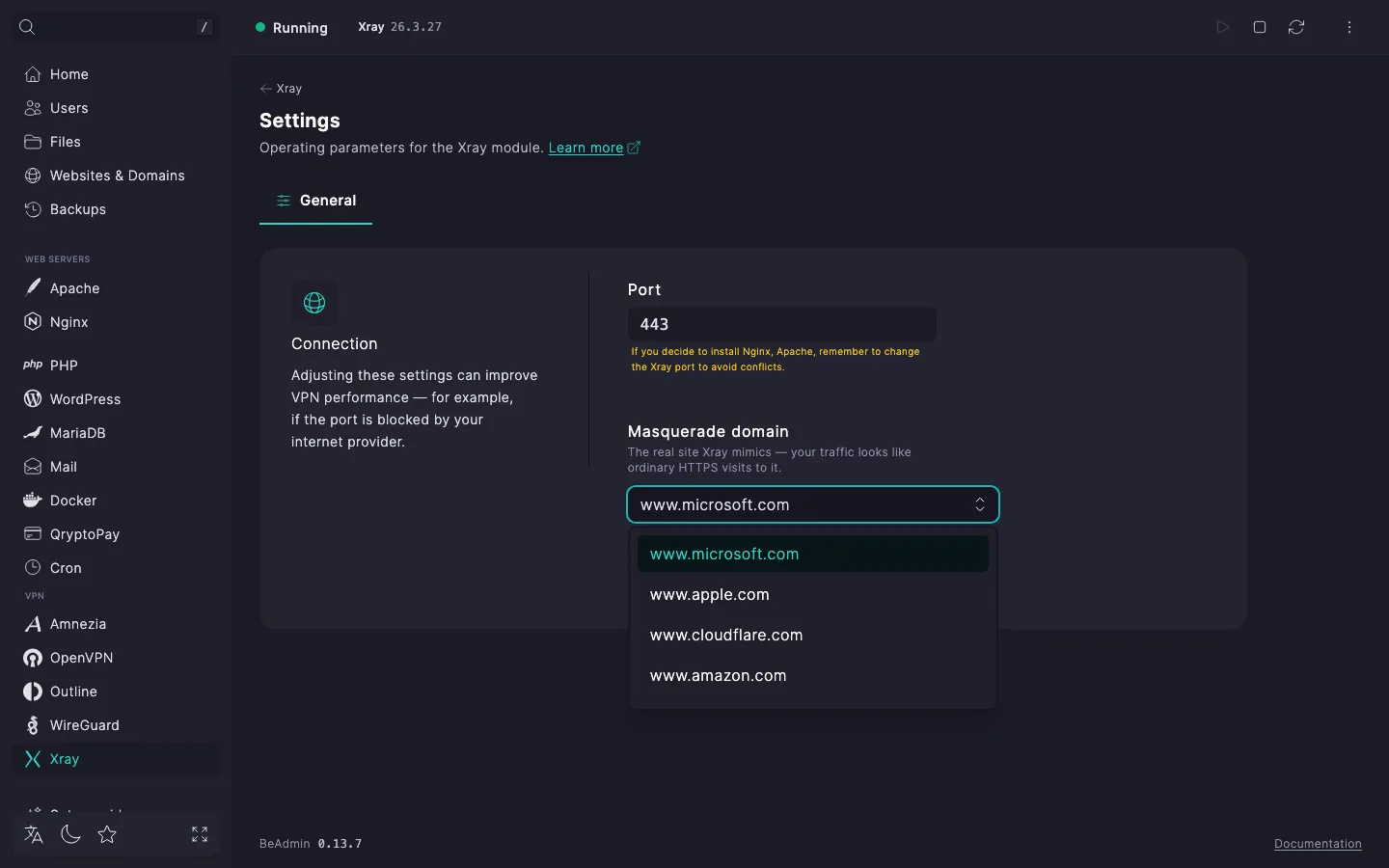 The «Connection» group on the Xray module's «General» settings page: «Port» field and «Masquerade domain» field with its suggested-domains dropdown open