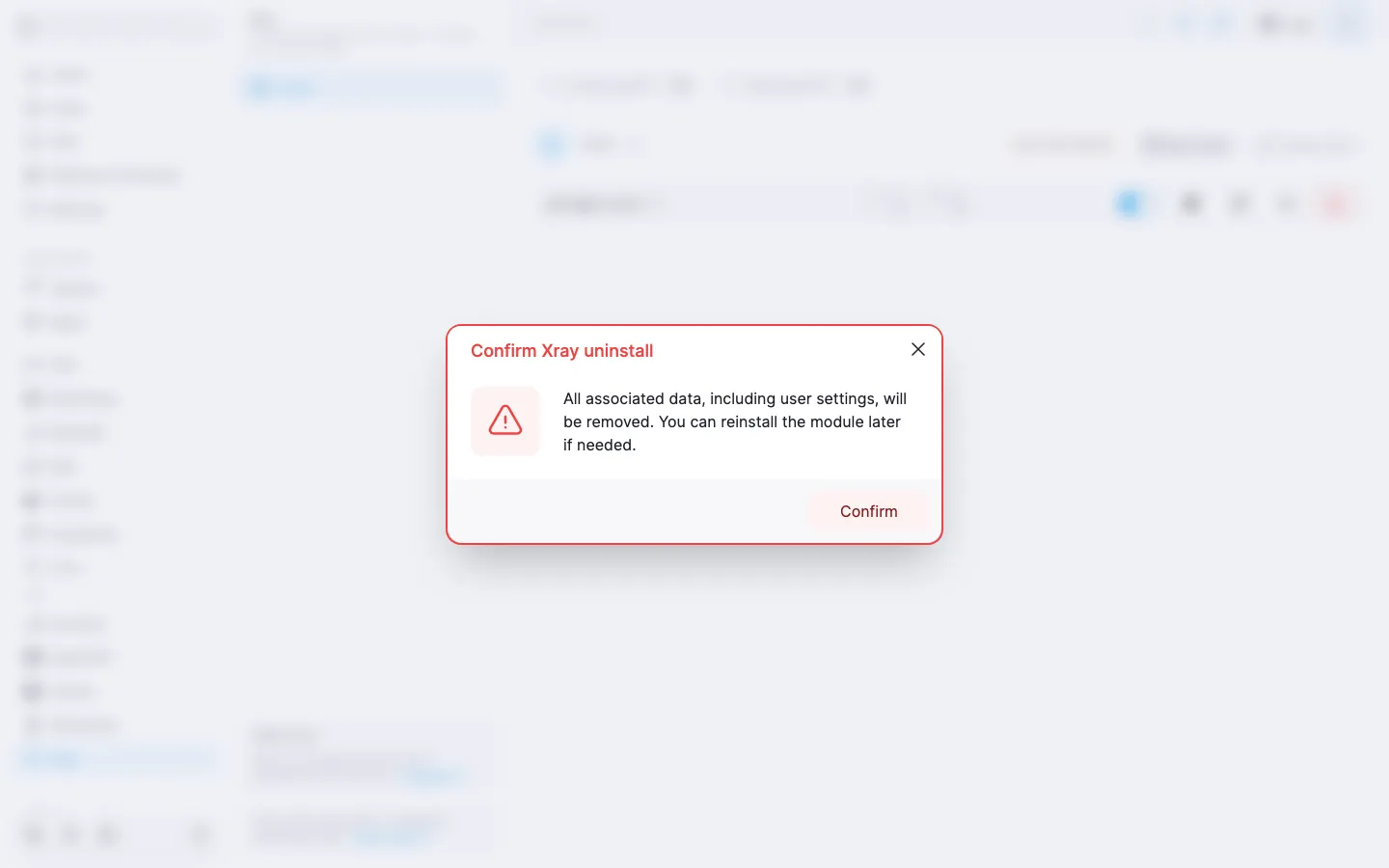 Module uninstall confirmation dialog with a warning and the “Confirm” button