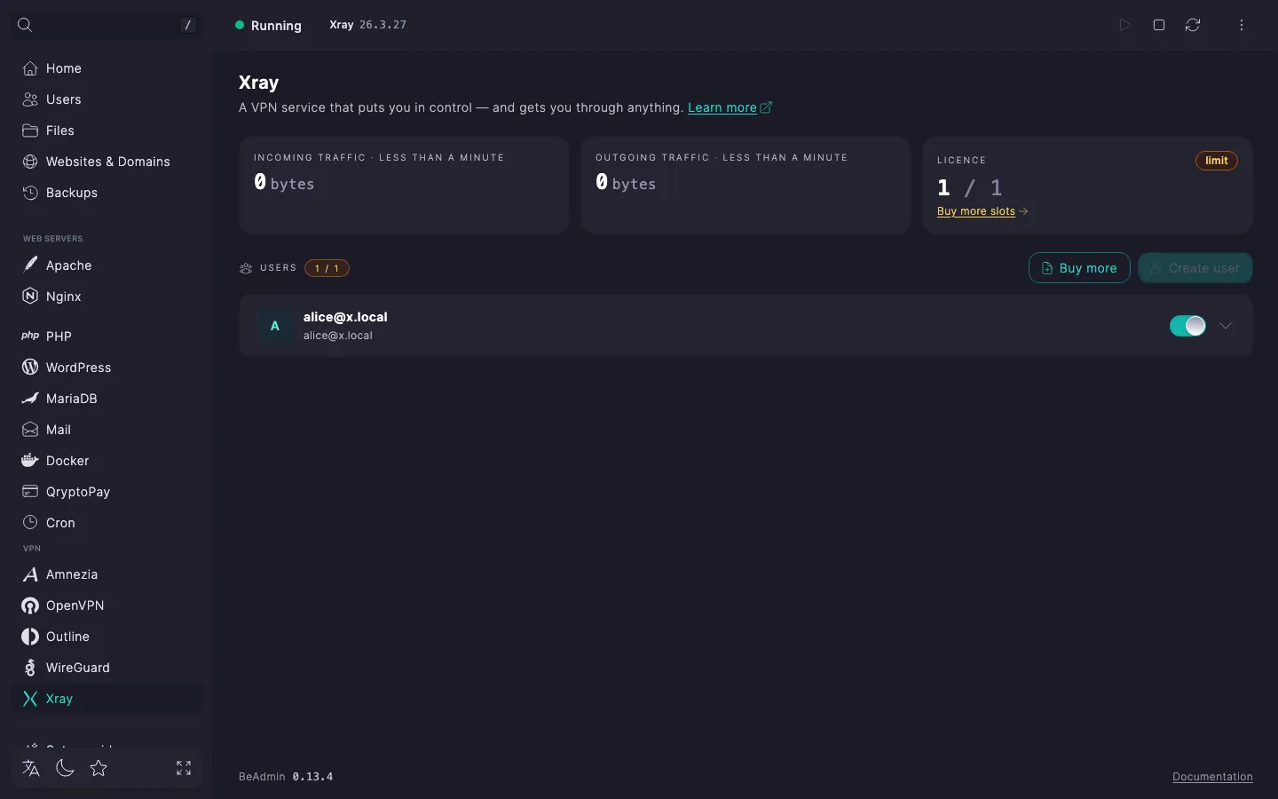 Xray module page header: state indicator, Xray chip, start, stop, restart buttons, and action menu