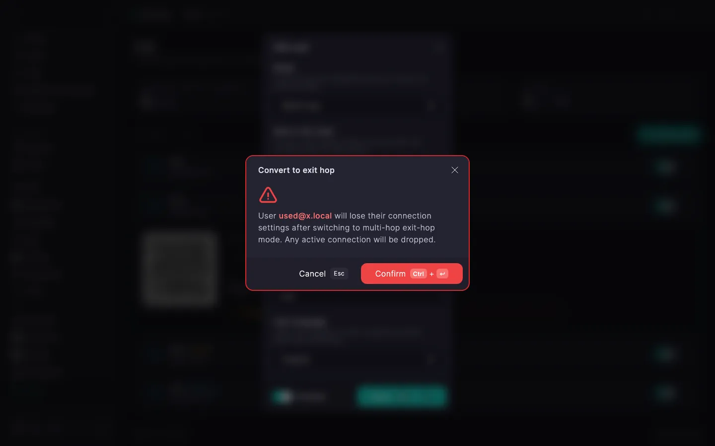 The «Convert to exit hop» dialog warning that the user loses its own connection config and active connections will be dropped