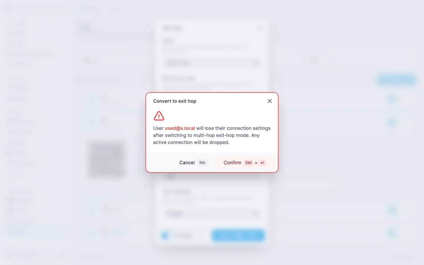 The «Convert to exit hop» dialog warning that the user loses its own connection config and active connections will be dropped