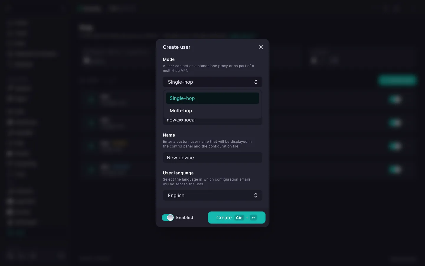 The Xray create-user dialog with the «Mode» selector open showing «Single-hop» and «Multi-hop»