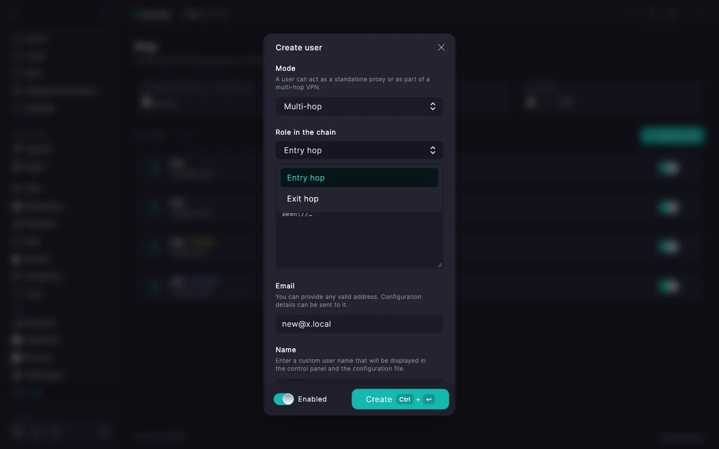 The Xray user dialog in «Multi-hop» mode with the «Role in the chain» selector open showing «Entry hop» and «Exit hop»
