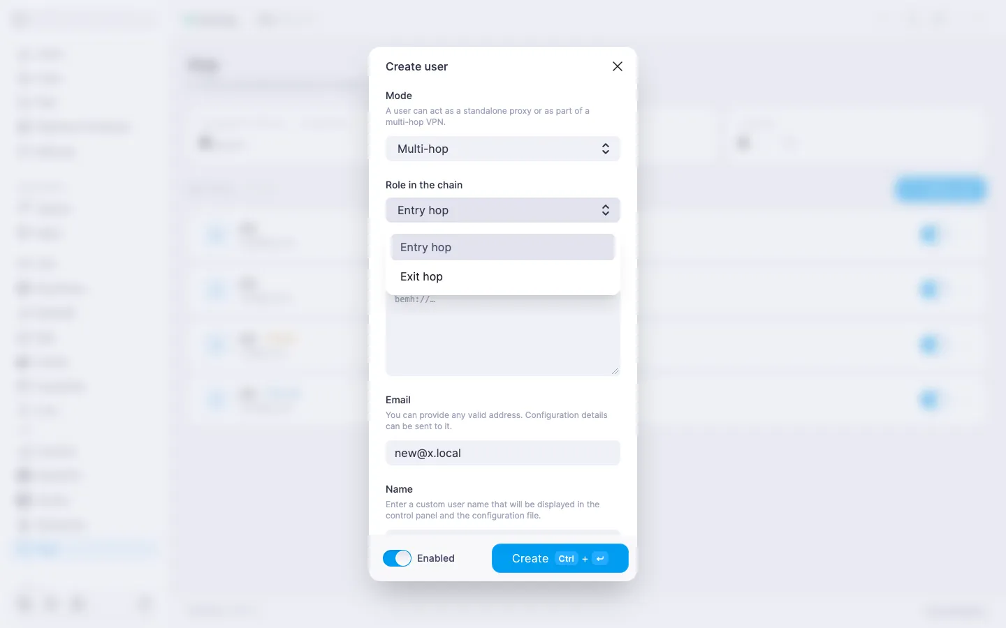 The Xray user dialog in «Multi-hop» mode with the «Role in the chain» selector open showing «Entry hop» and «Exit hop»