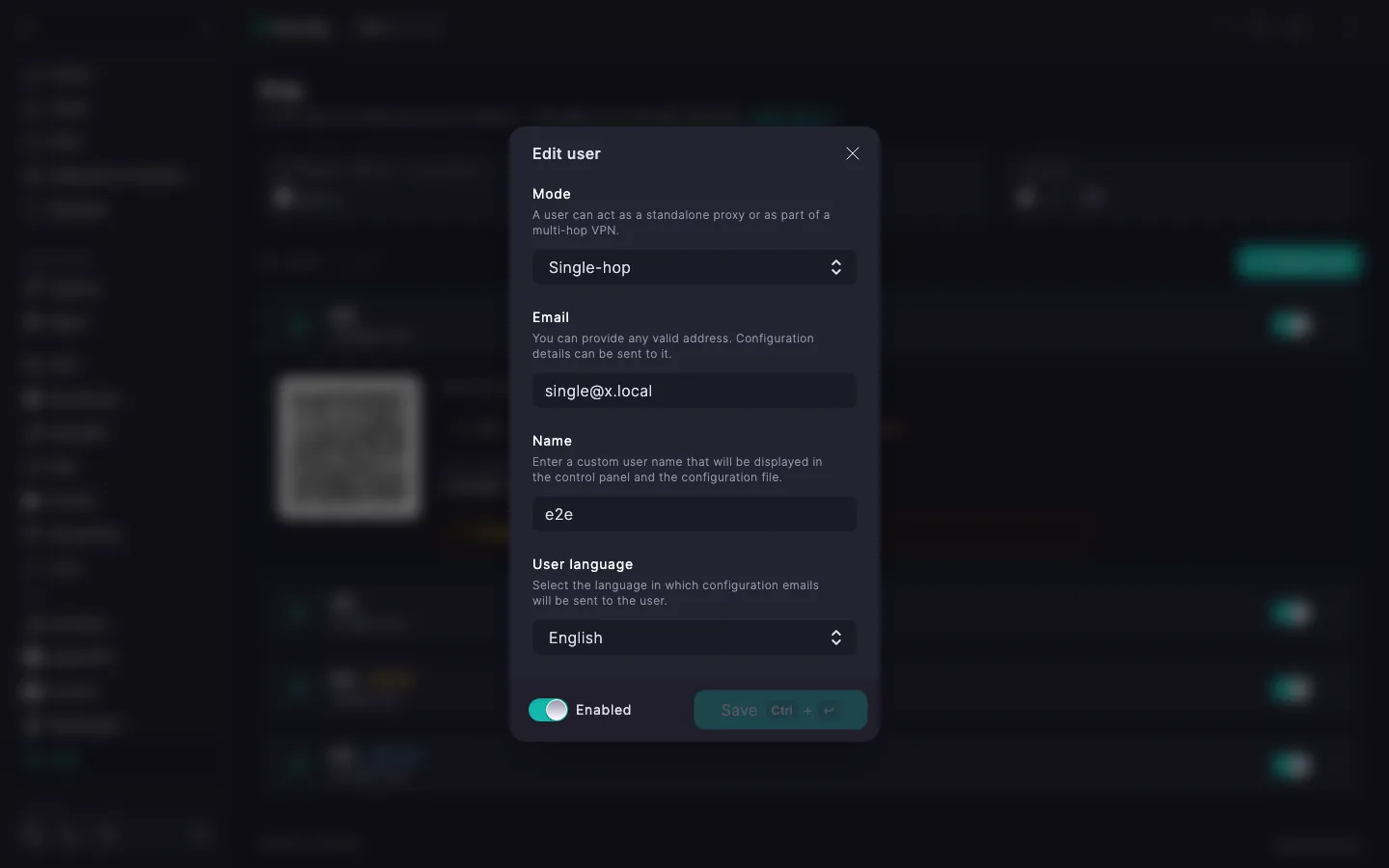 Xray edit user dialog with the Mode selector (Single-hop) and Email, Name fields and a User language dropdown set to English