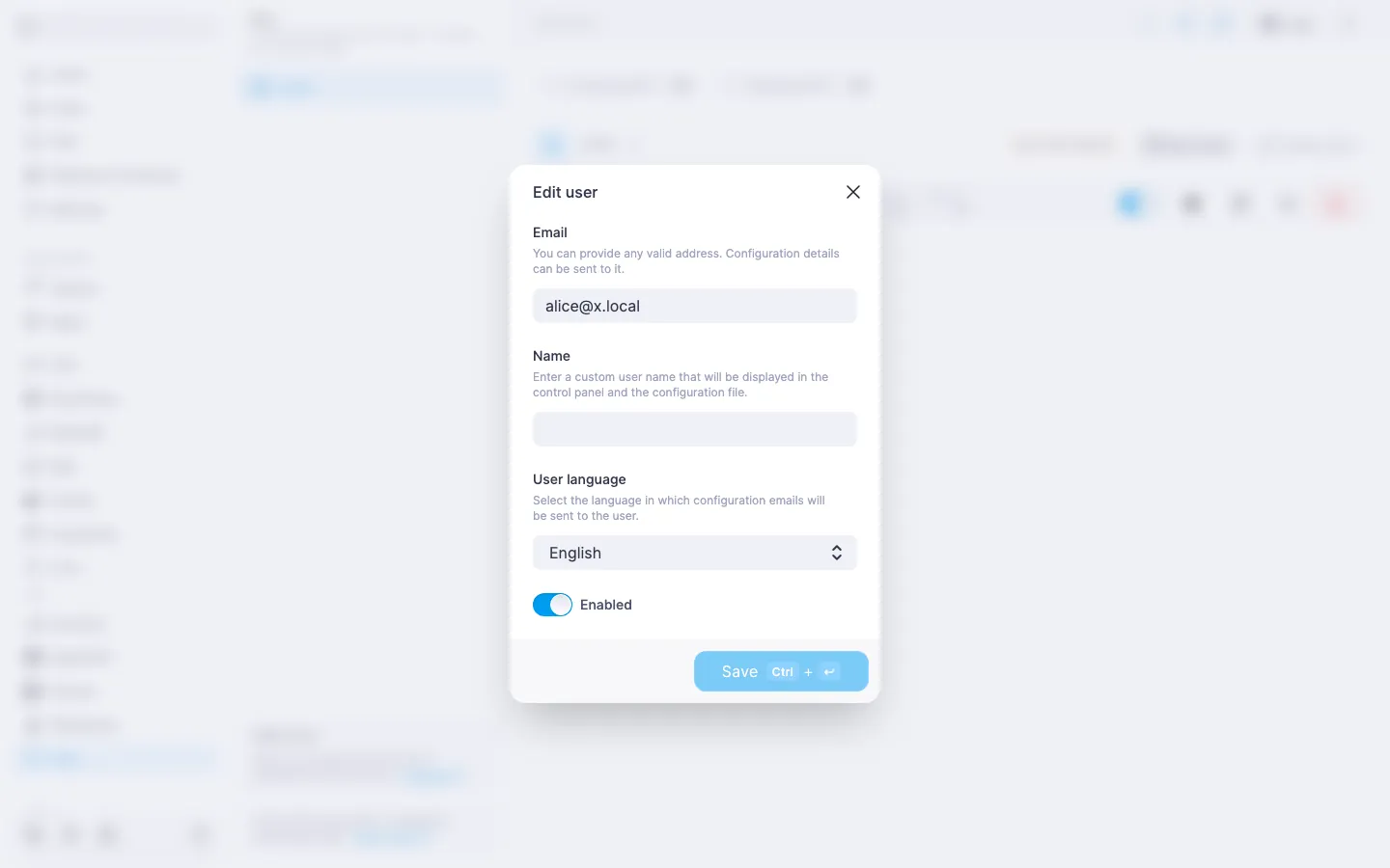 Xray edit-user dialog with the “User language” dropdown set to “English”