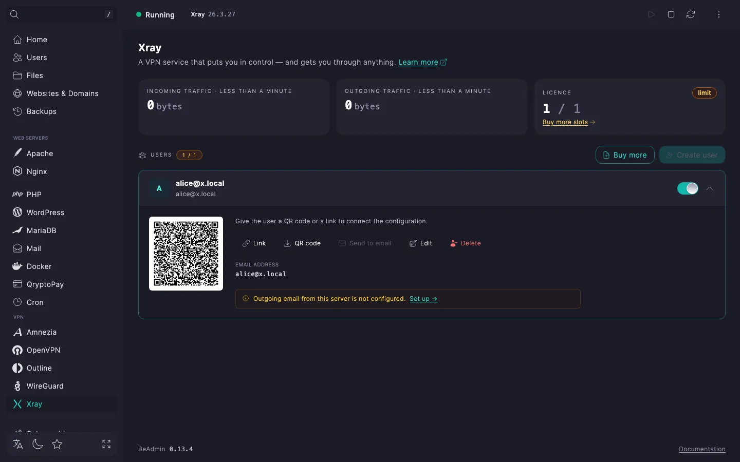 Expanded Xray user row with a QR code, email and traffic statistics tiles, and the Link, QR code, Email, Edit, Delete buttons