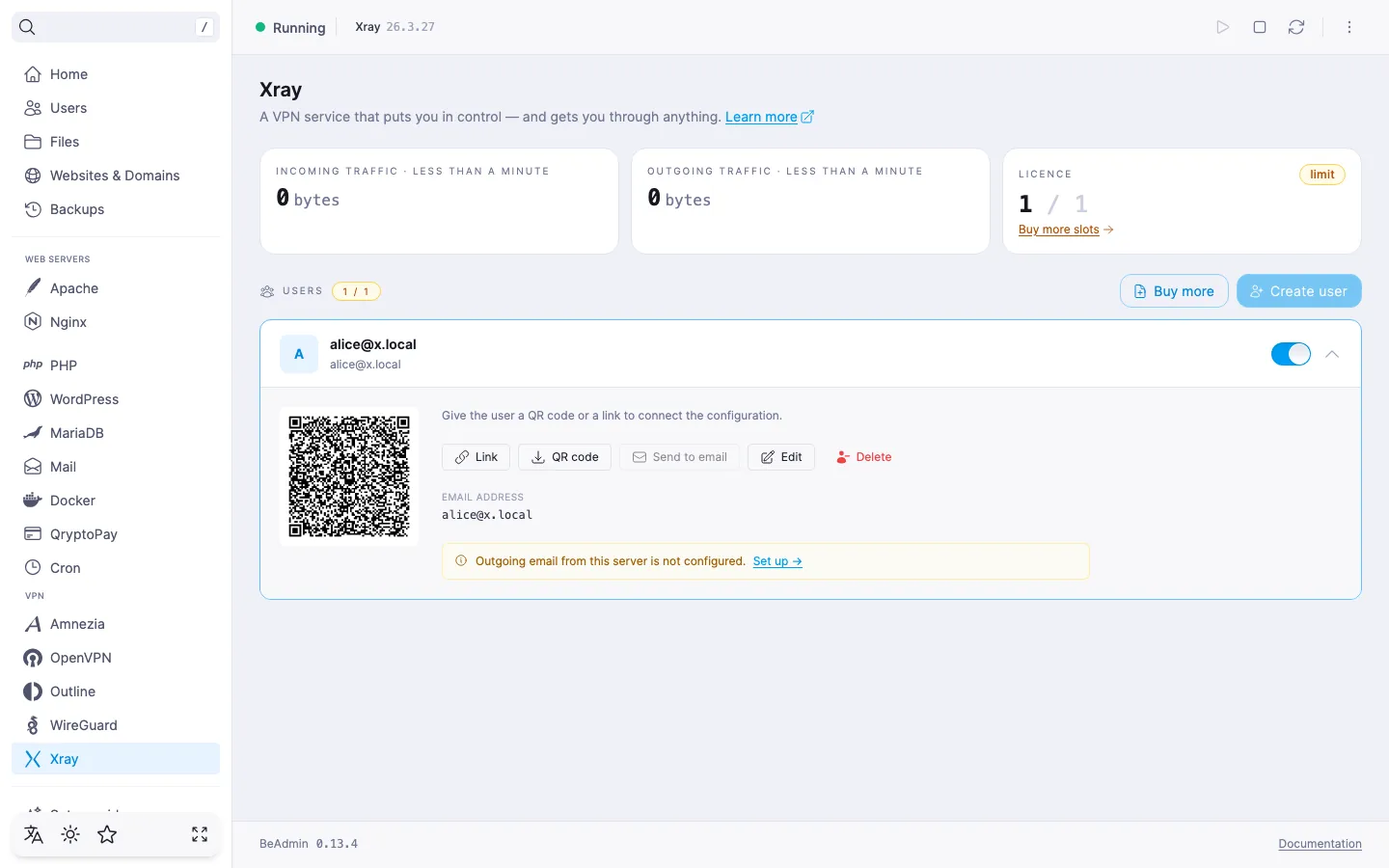Expanded Xray user row with a QR code, email and traffic statistics tiles, and the Link, QR code, Email, Edit, Delete buttons