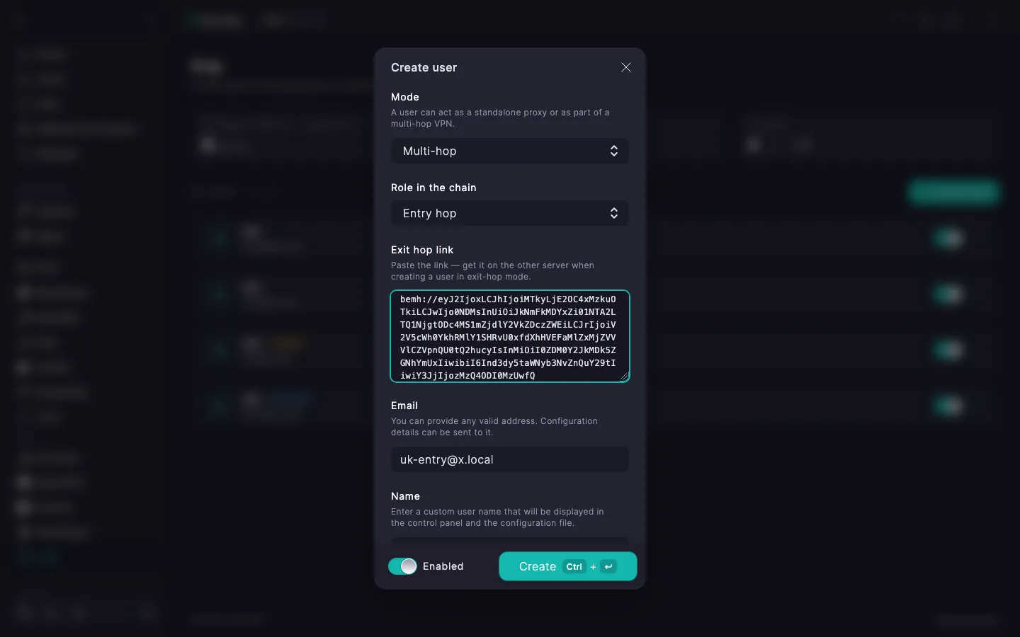 The Xray entry-hop create dialog: «Multi-hop» mode, «Entry hop» role and the «Exit hop link» field with a bemh:// link pasted in