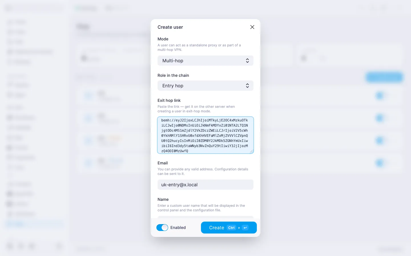 The Xray entry-hop create dialog: «Multi-hop» mode, «Entry hop» role and the «Exit hop link» field with a bemh:// link pasted in