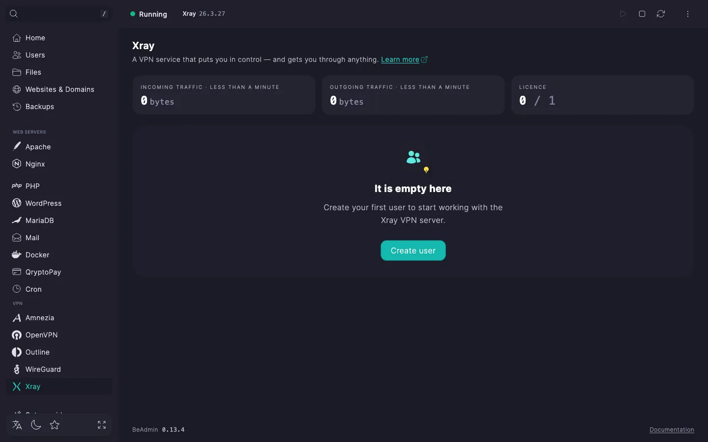 Xray module page right after install: service status, traffic and licence tiles, and an empty card with the Create user button
