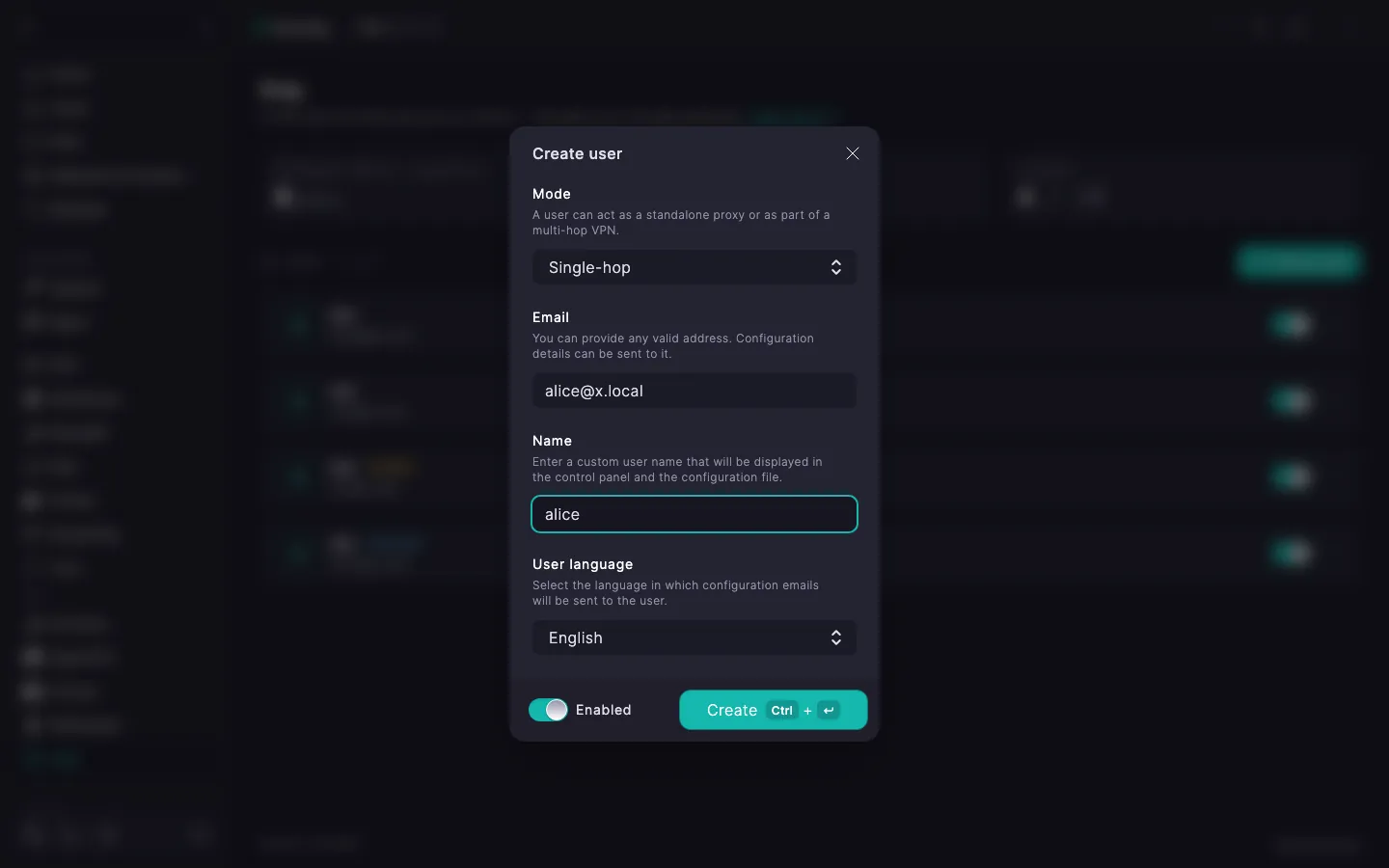 Xray create user dialog with the Mode selector (Single-hop) and Email, Name, User language fields and the Enabled toggle